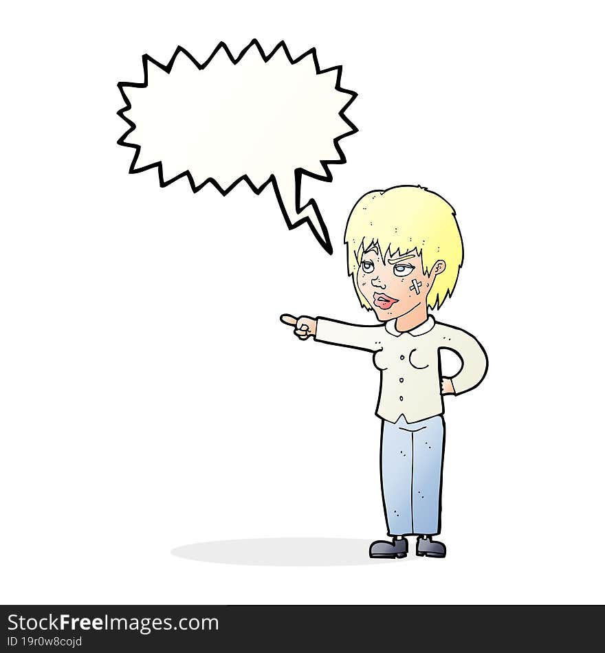 cartoon woman pointing with speech bubble