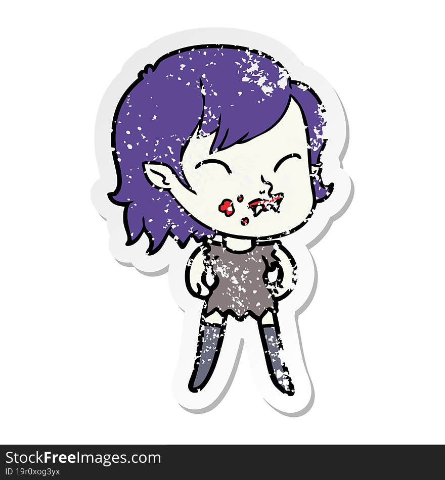 Distressed Sticker Of A Cartoon Vampire Girl With Blood On Cheek