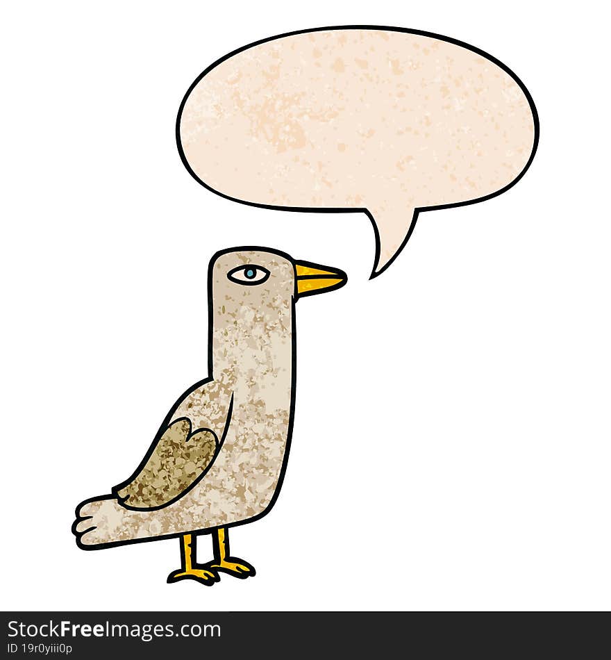 cartoon bird with speech bubble in retro texture style