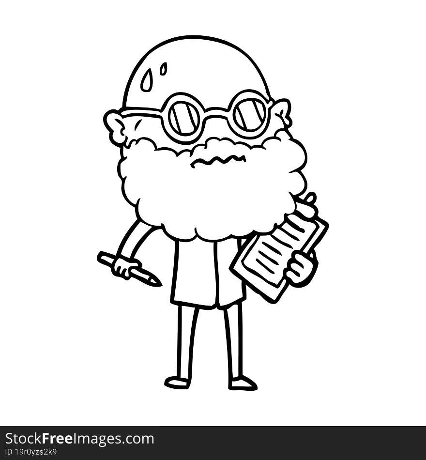 cartoon worried man with beard and sunglasses taking survey. cartoon worried man with beard and sunglasses taking survey