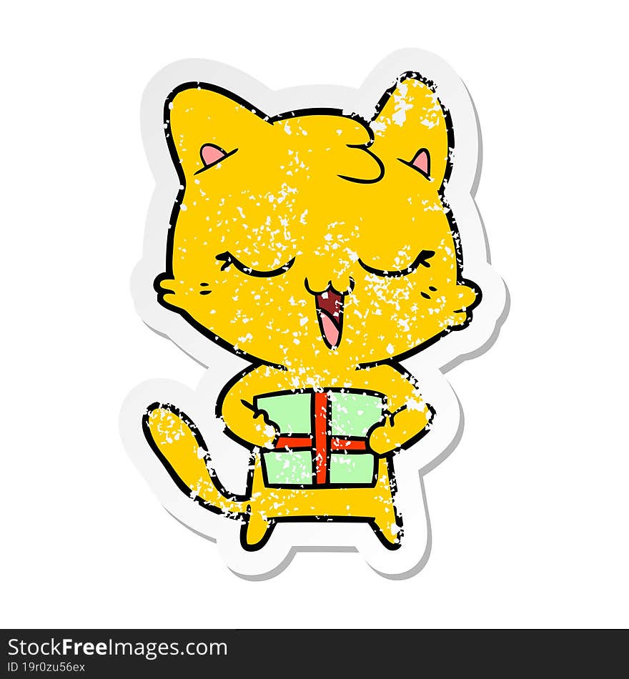 distressed sticker of a happy cartoon cat