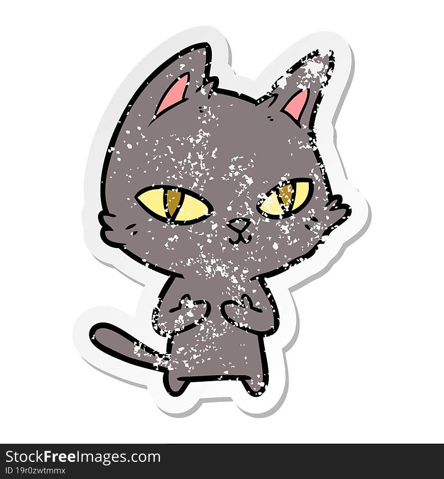 distressed sticker of a cartoon cat staring