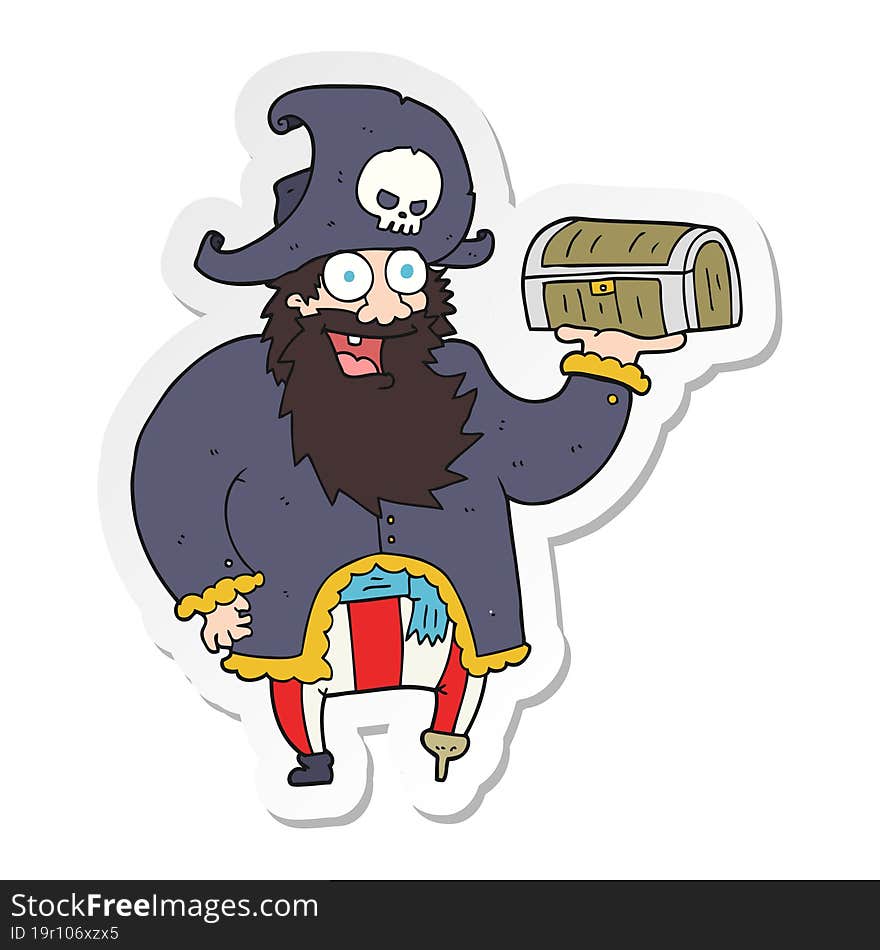 sticker of a cartoon pirate captain with treasure chest