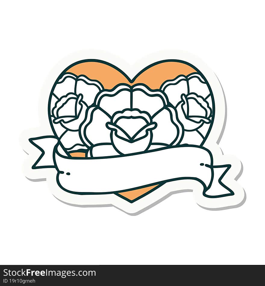 sticker of tattoo in traditional style of a heart and banner with flowers. sticker of tattoo in traditional style of a heart and banner with flowers