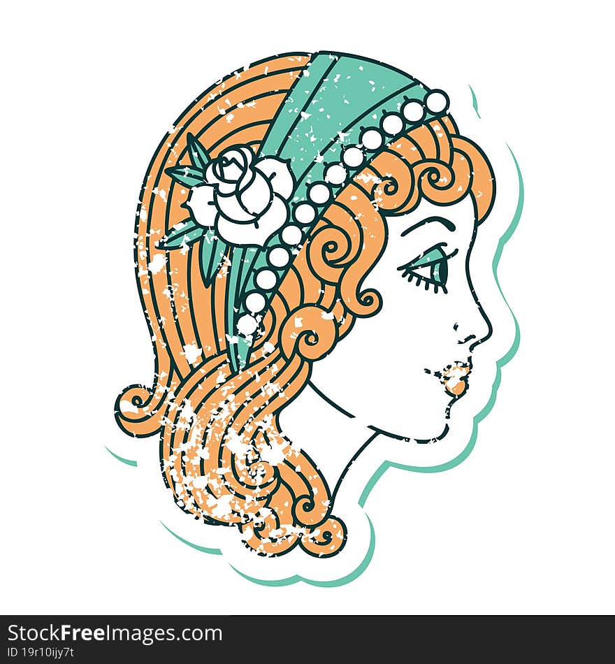 Distressed Sticker Tattoo Style Icon Of A Gypsy Head