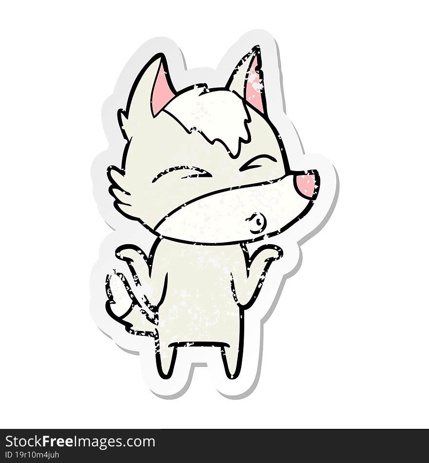 distressed sticker of a cartoon wolf shrugging shoulders