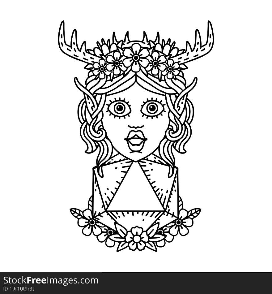 Black and White Tattoo linework Style elf druid character face. Black and White Tattoo linework Style elf druid character face