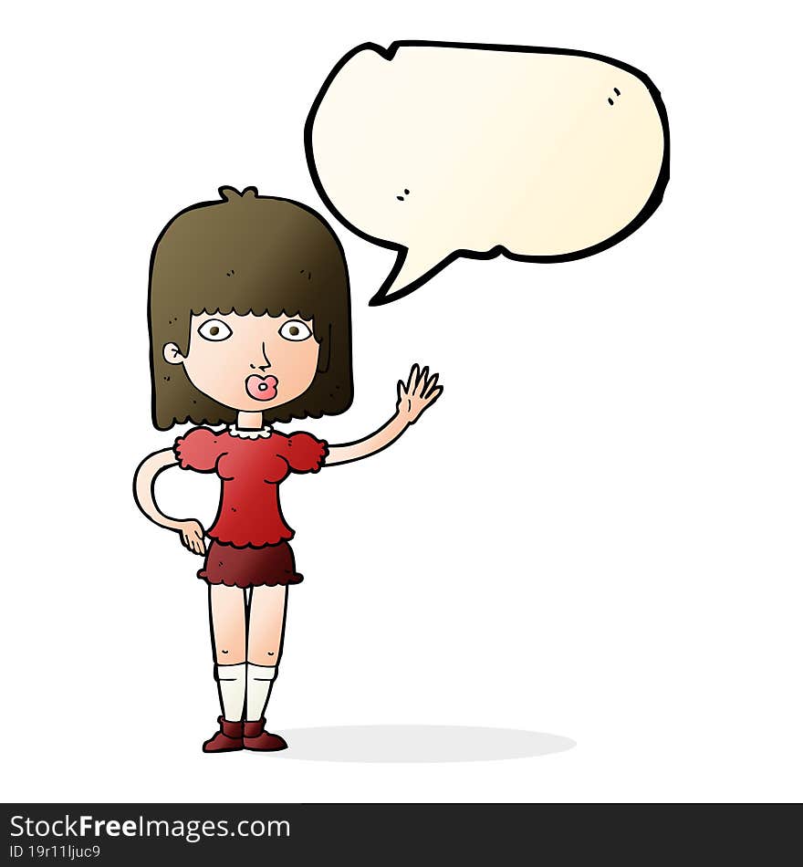 Cartoon Woman Waving With Speech Bubble