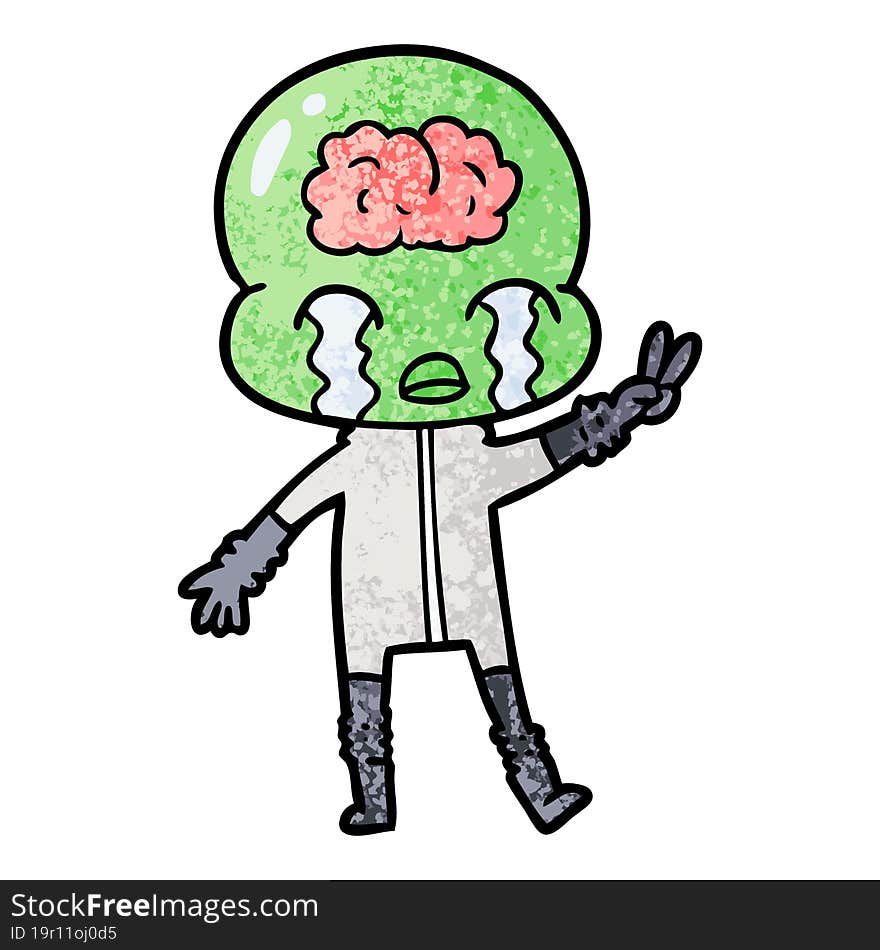 cartoon big brain alien crying and giving peace sign. cartoon big brain alien crying and giving peace sign