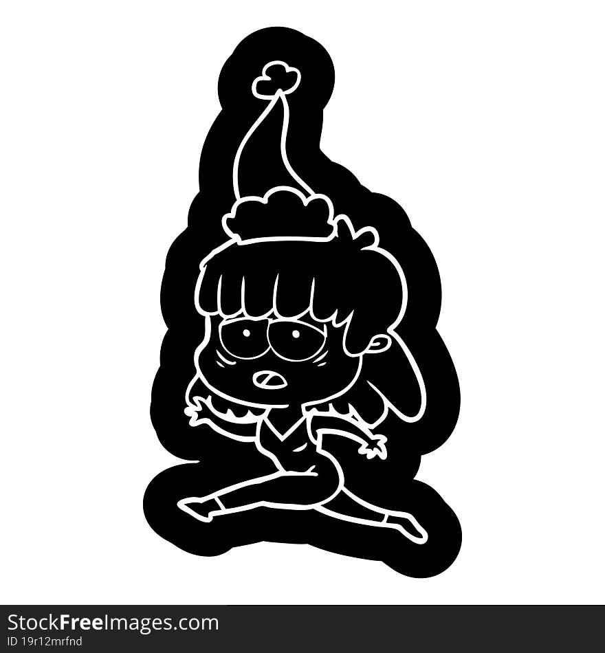 quirky cartoon icon of a tired woman wearing santa hat