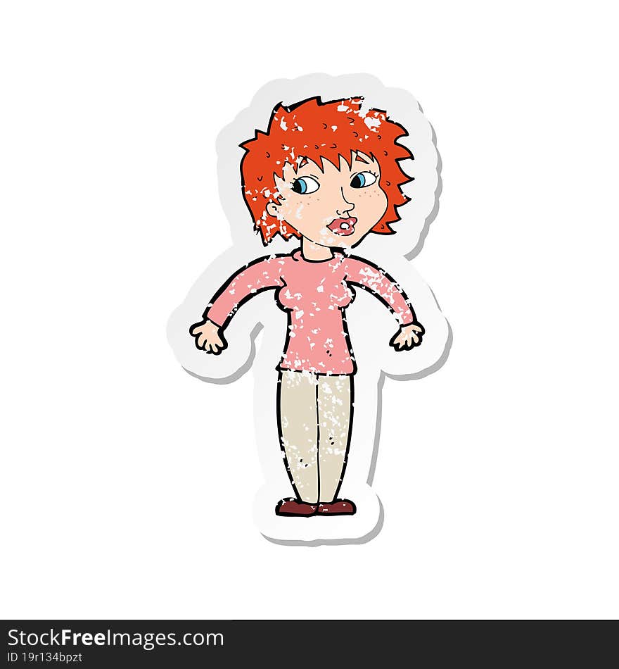 retro distressed sticker of a cartoon woman shrugging shoulders