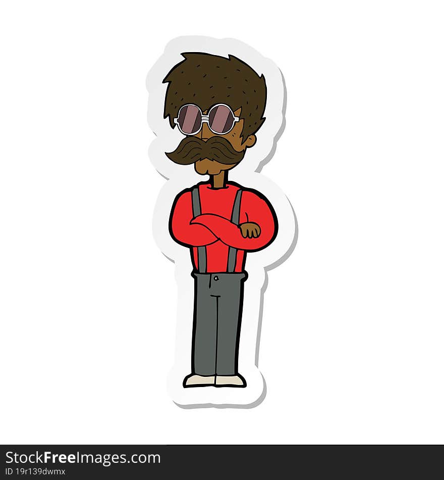 sticker of a cartoon hipster man with mustache and spectacles