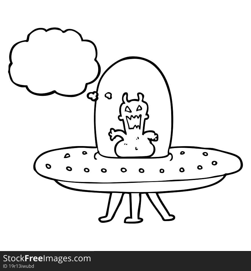 thought bubble cartoon alien in flying saucer