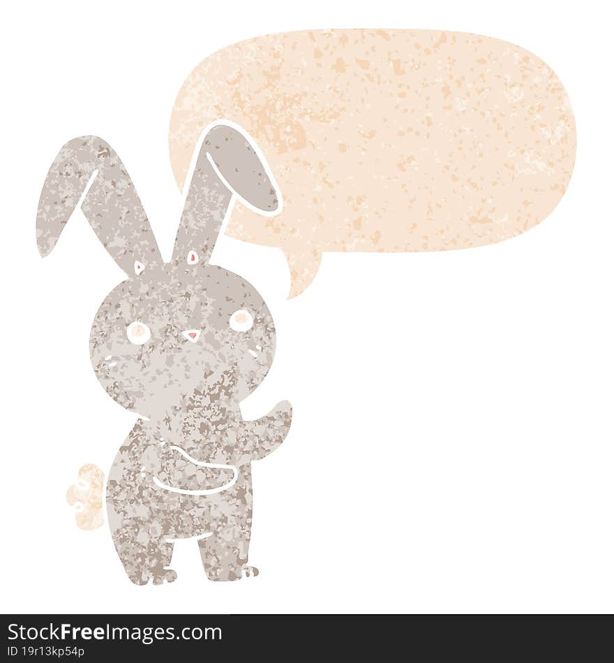 cute cartoon rabbit and speech bubble in retro textured style