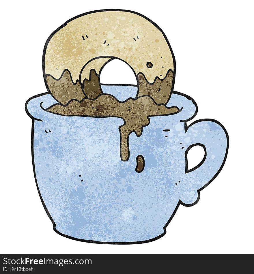 freehand textured cartoon donut dunked in coffee