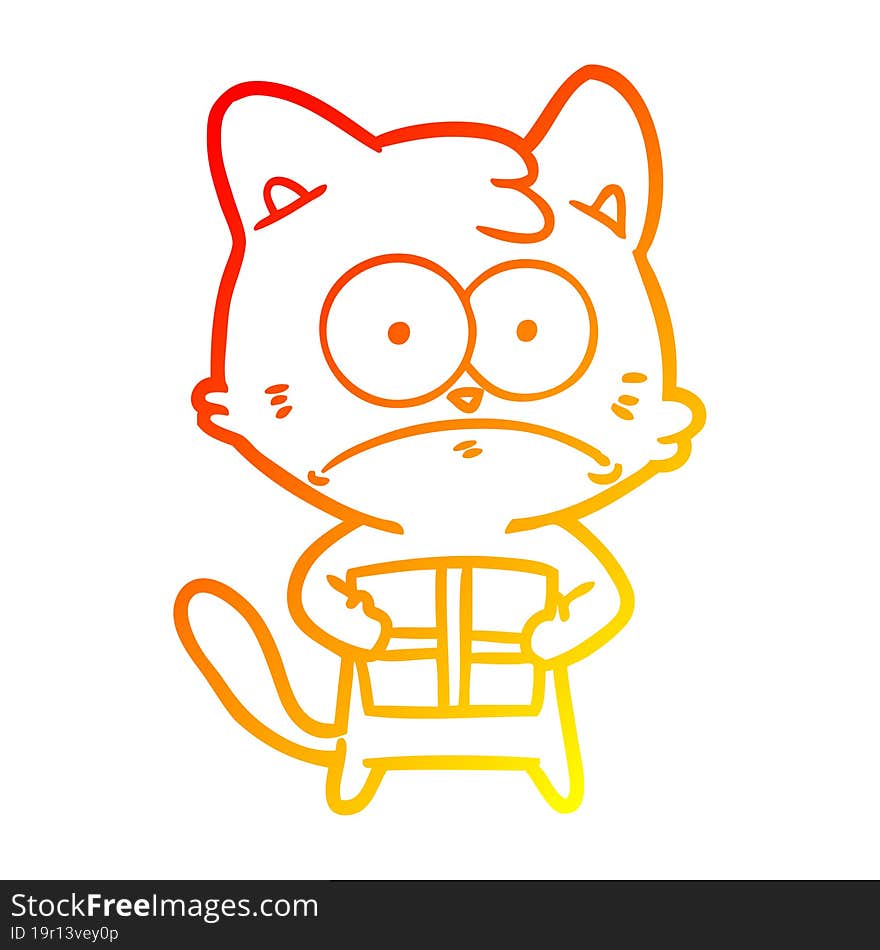 warm gradient line drawing of a cartoon cat with present