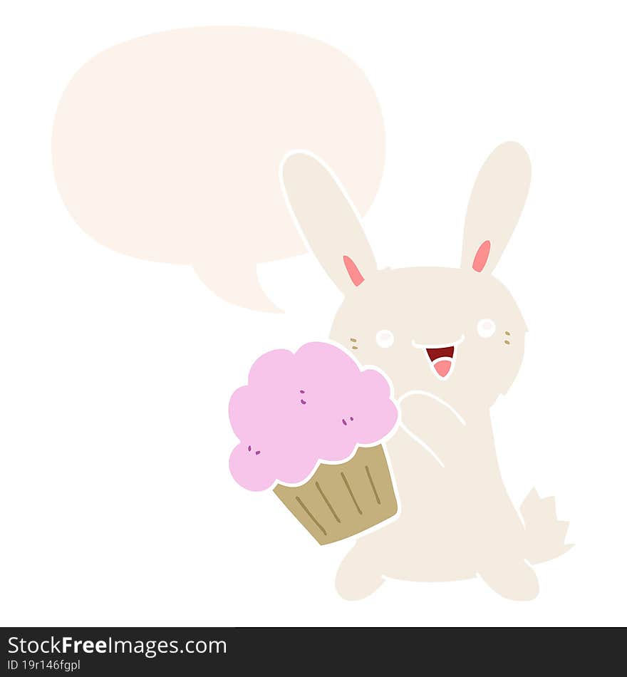 cute cartoon rabbit and muffin and speech bubble in retro style