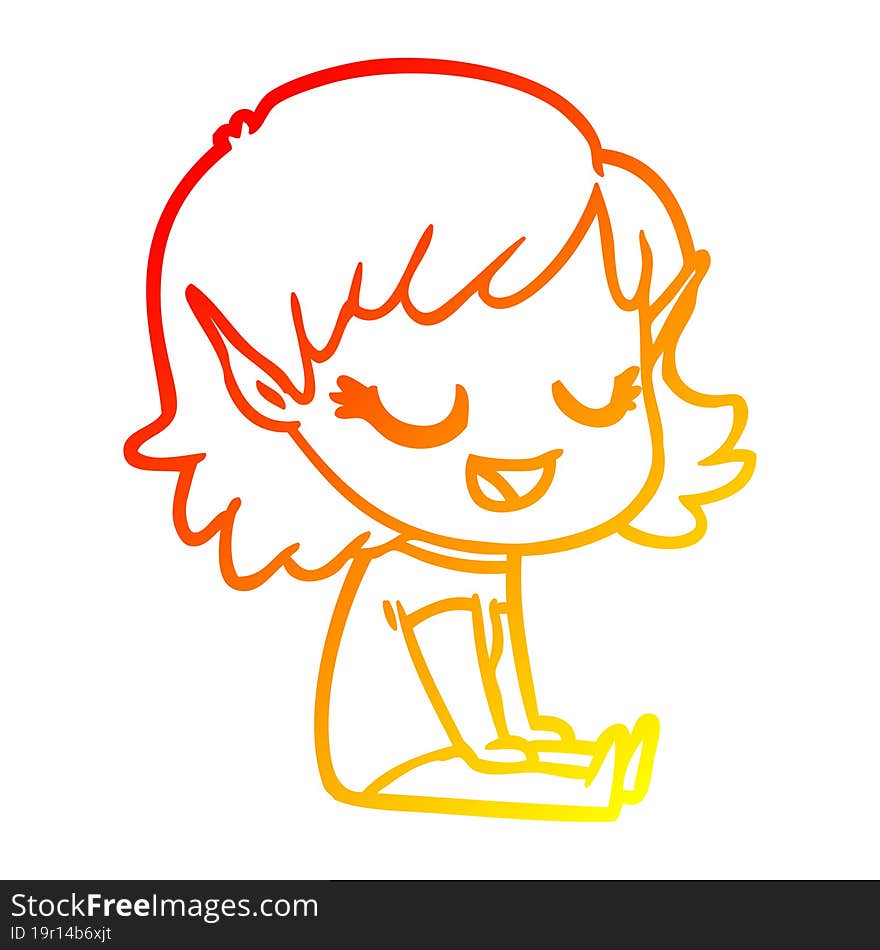 warm gradient line drawing happy cartoon elf girl sitting on floor