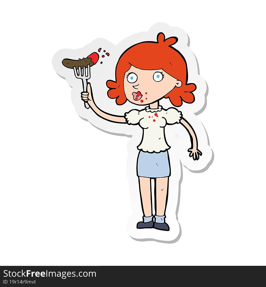 sticker of a cartoon woman eating sausage