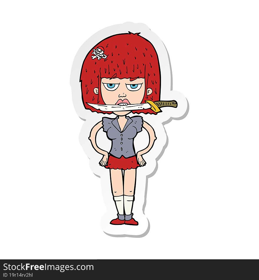 Sticker Of A Cartoon Woman With Knife In Teeth