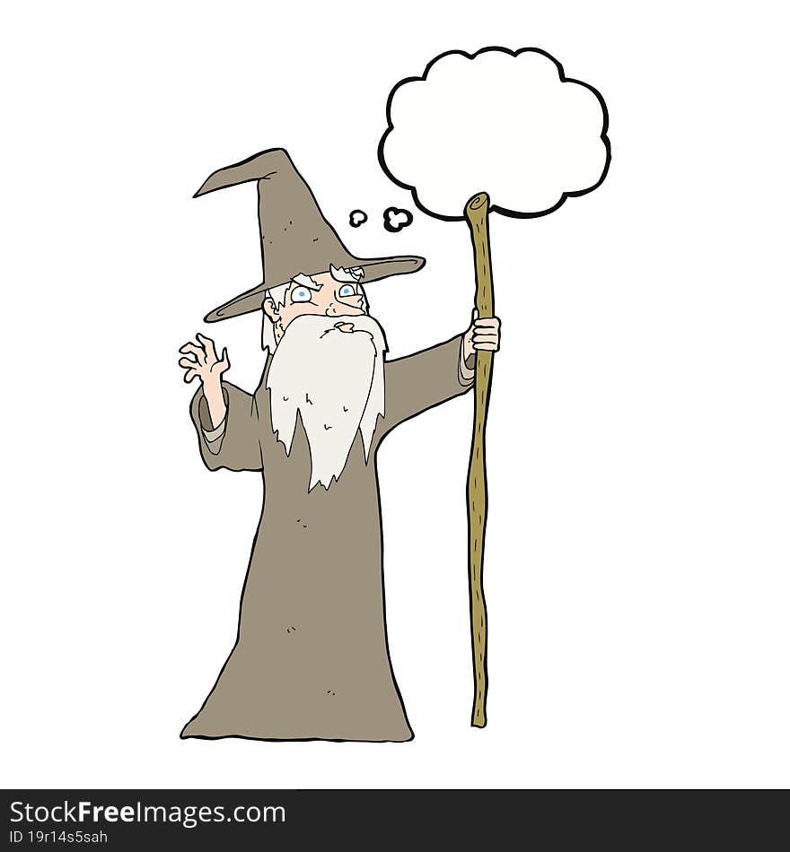 cartoon old wizard with thought bubble