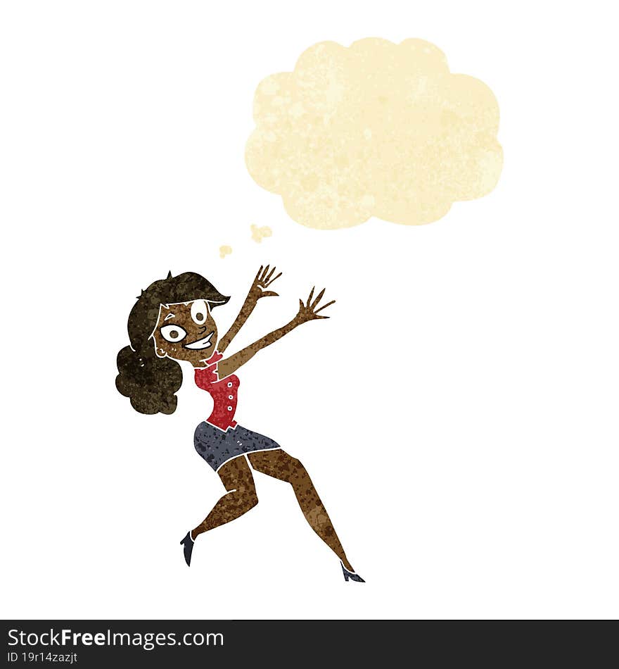 cartoon happy woman jumping with thought bubble