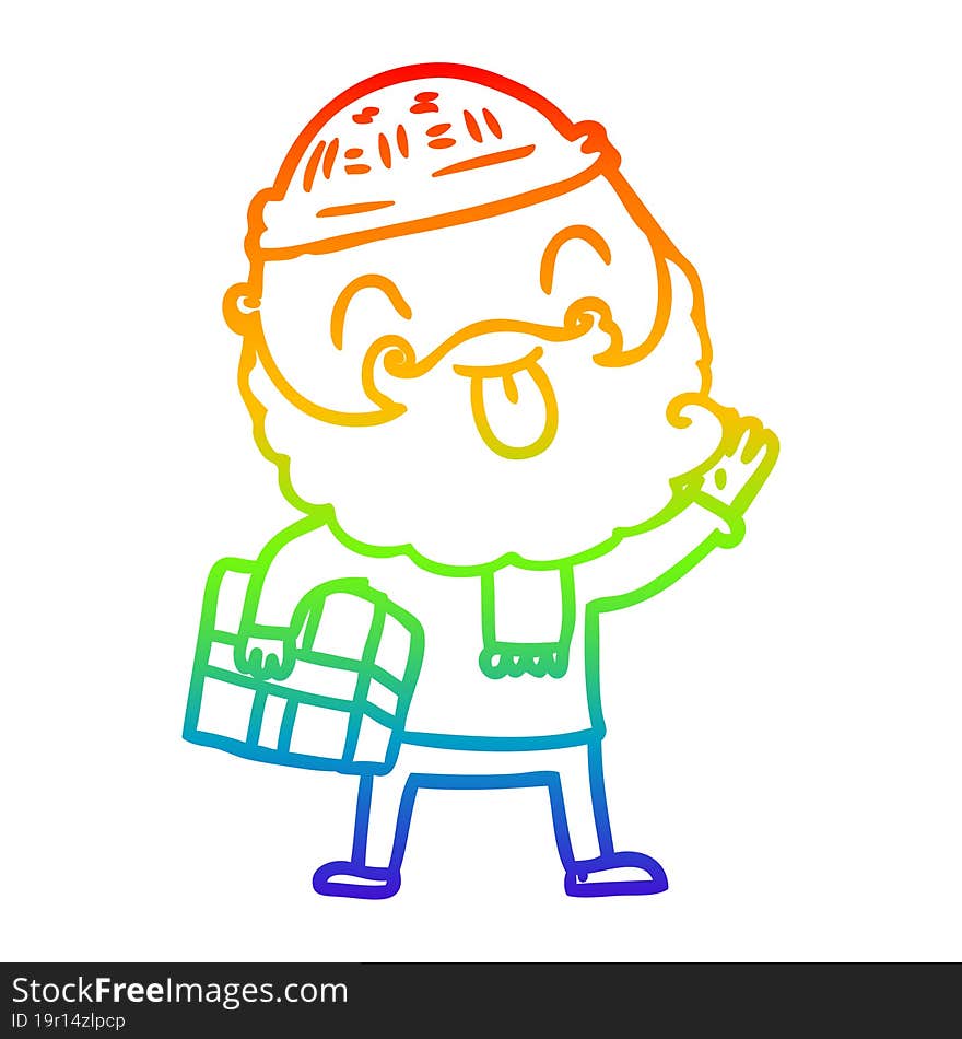 rainbow gradient line drawing of a man with beard carrying christmas present