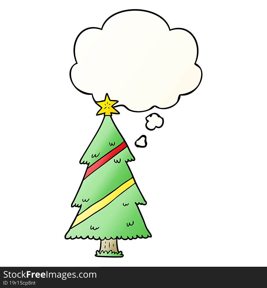 cartoon christmas tree with thought bubble in smooth gradient style