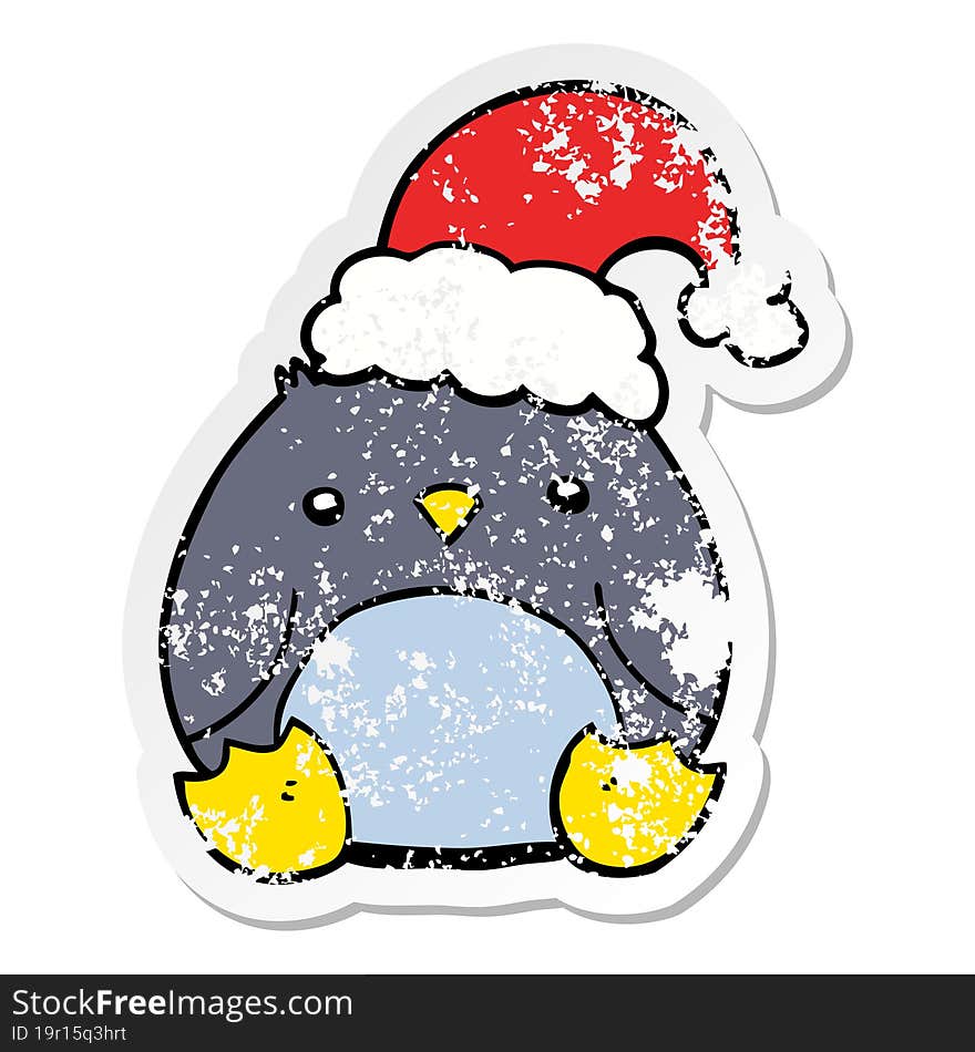 Distressed Sticker Of A Cute Cartoon Penguin Wearing Christmas Hat