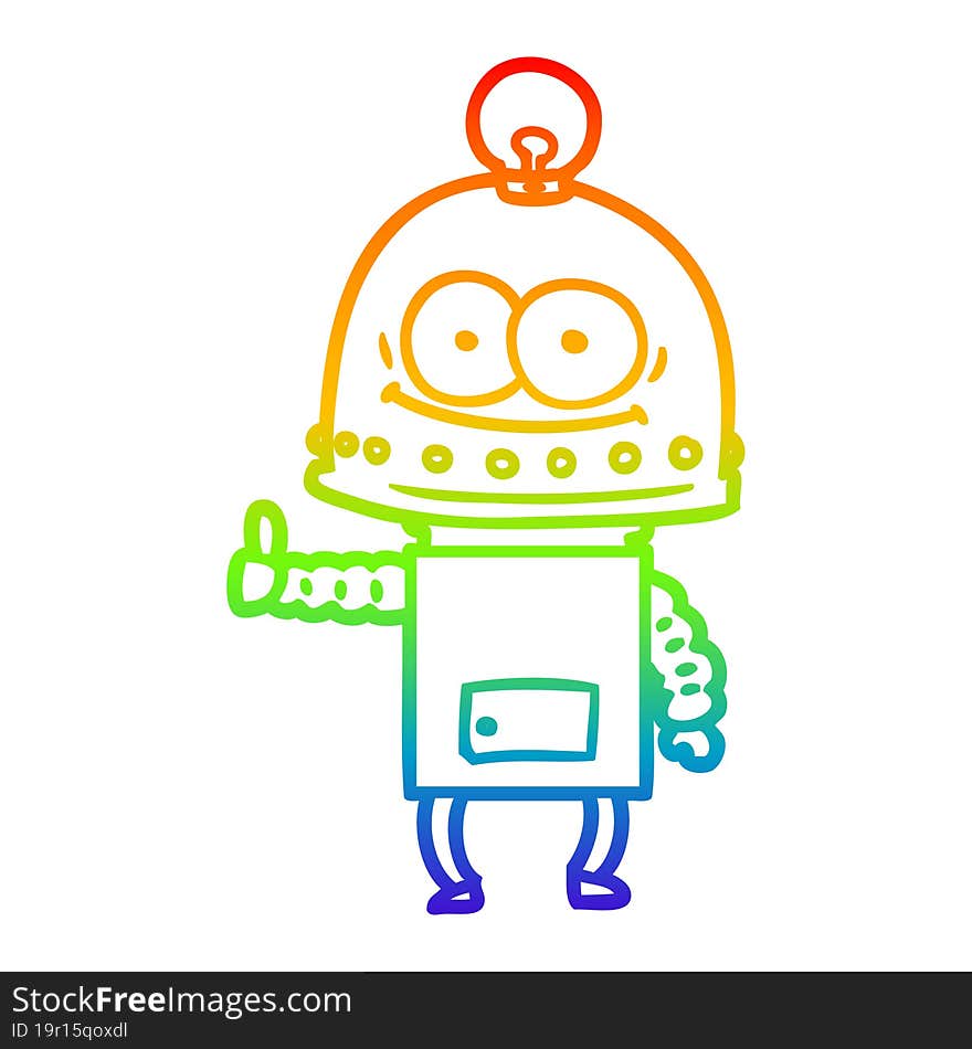 rainbow gradient line drawing of a happy carton robot with light bulb