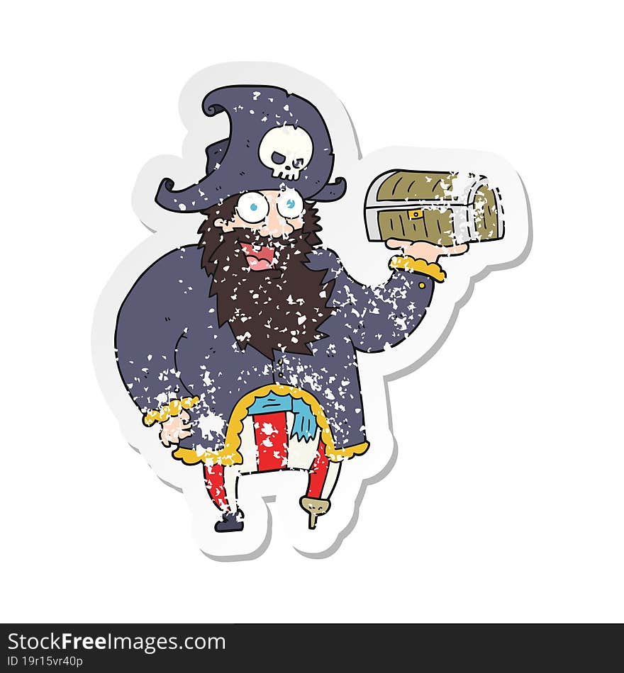 retro distressed sticker of a cartoon pirate captain with treasure chest