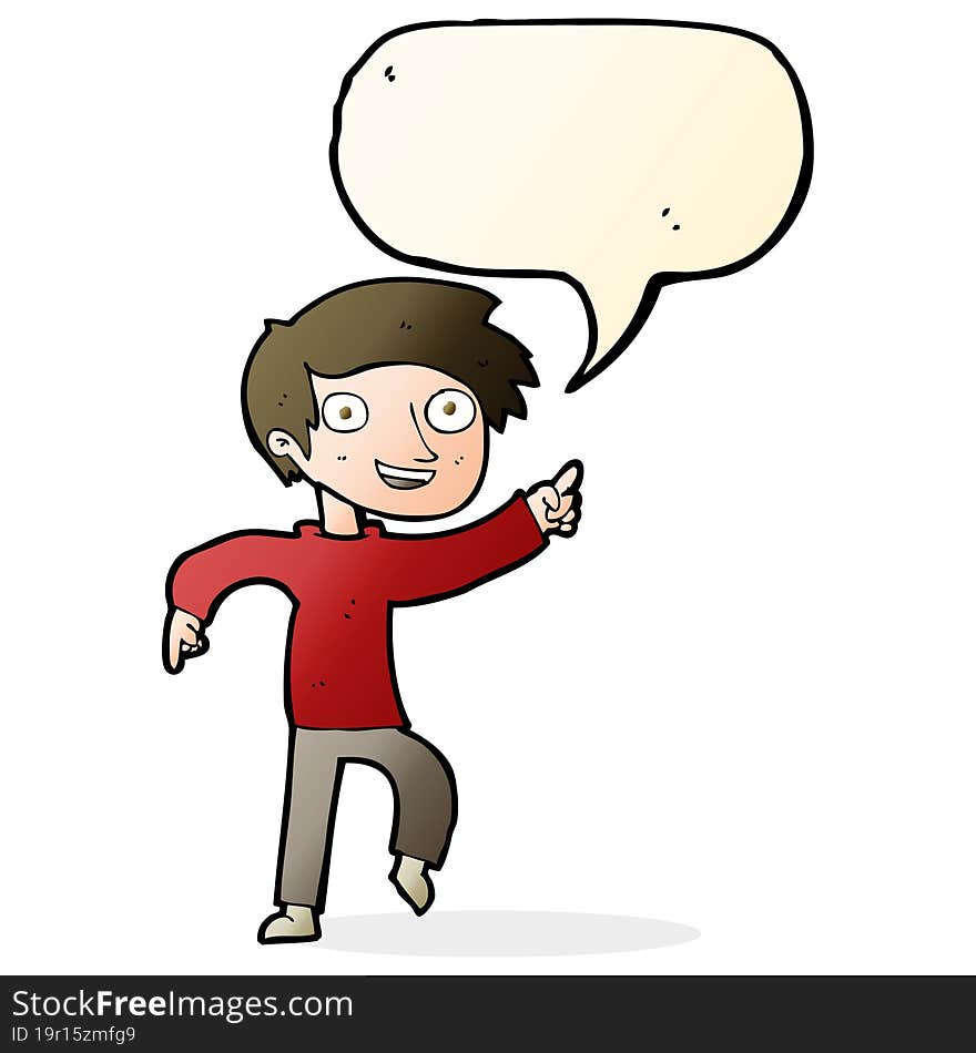 cartoon happy boy pointing with speech bubble