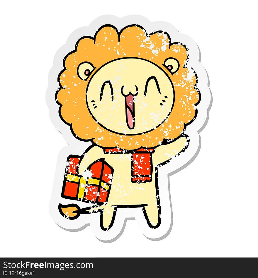 distressed sticker of a happy cartoon lion