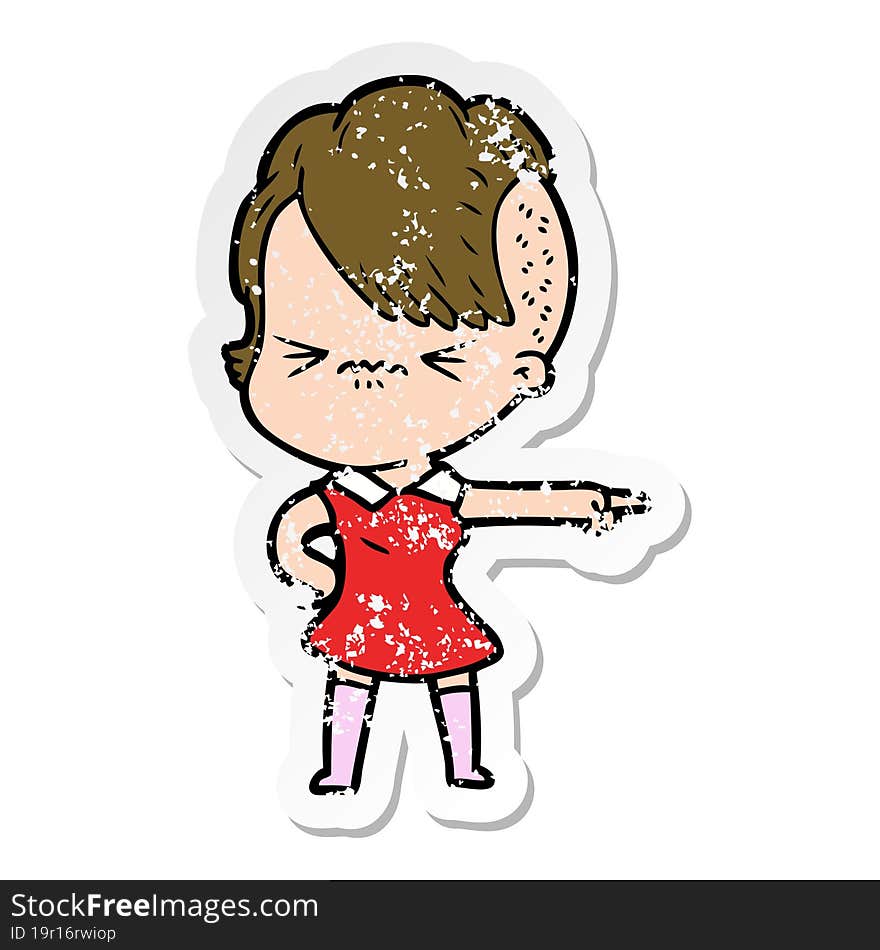 distressed sticker of a cartoon annoyed hipster girl