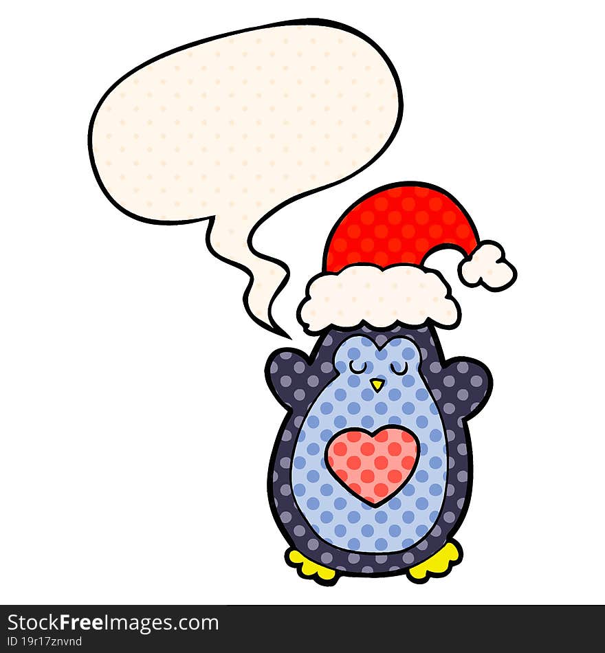 cute christmas penguin and speech bubble in comic book style