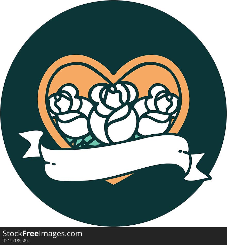 Tattoo Style Icon Of A Heart And Banner With Flowers