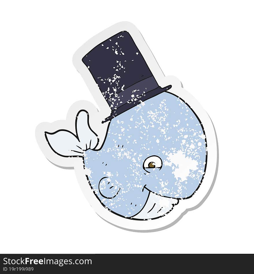 retro distressed sticker of a cartoon whale in top hat