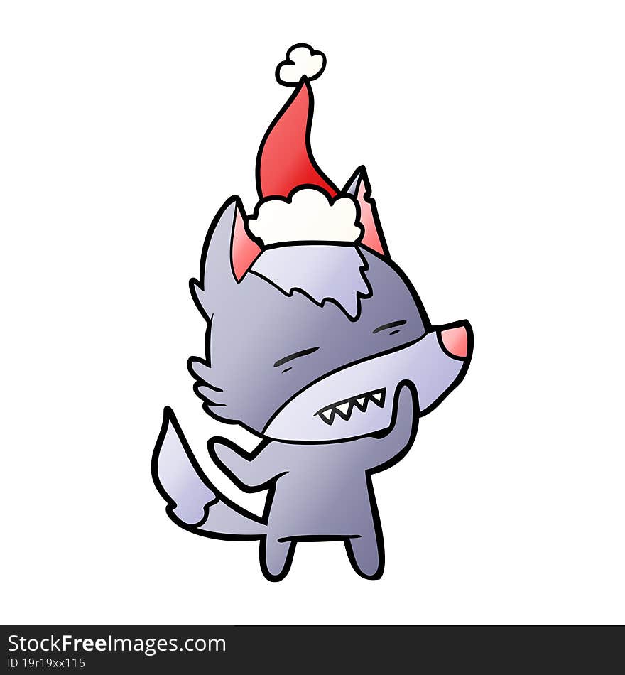 gradient cartoon of a wolf showing teeth wearing santa hat