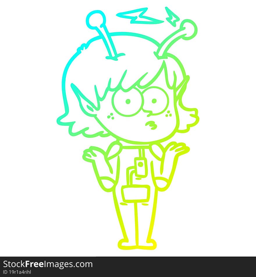 cold gradient line drawing of a cartoon alien girl