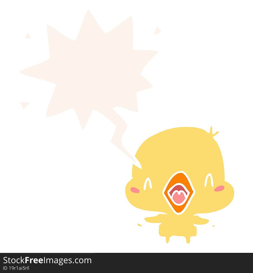 cartoon happy bird with speech bubble in retro style