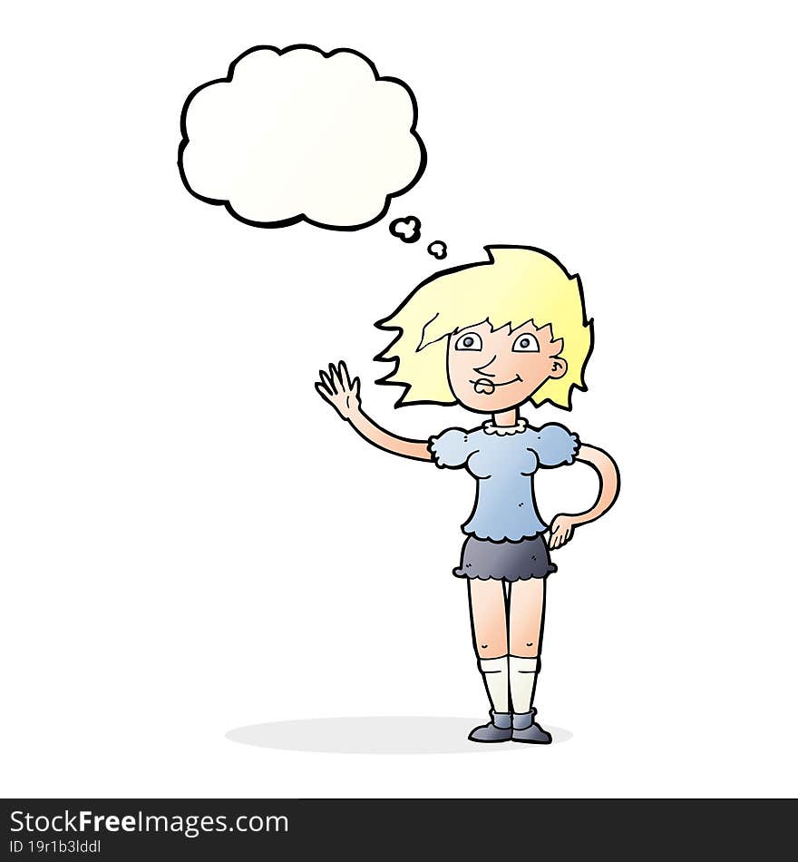 cartoon woman waving with thought bubble