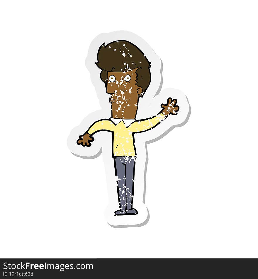 Retro Distressed Sticker Of A Cartoon Nervous Man Waving