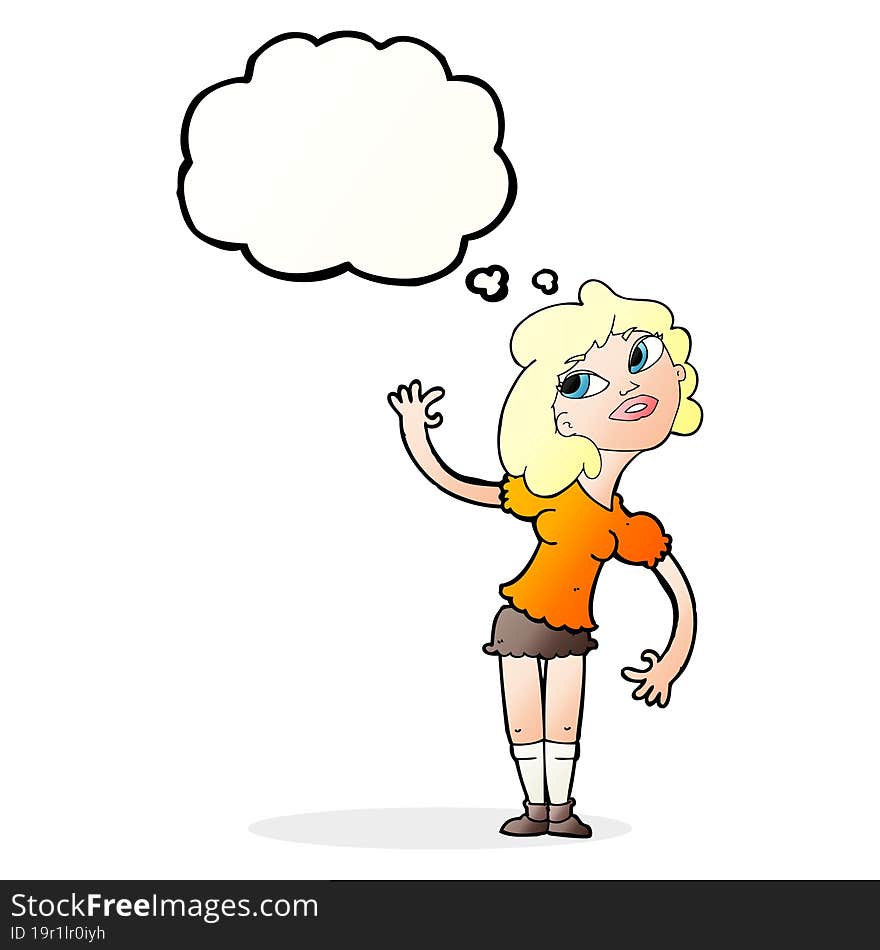 cartoon woman waving with thought bubble