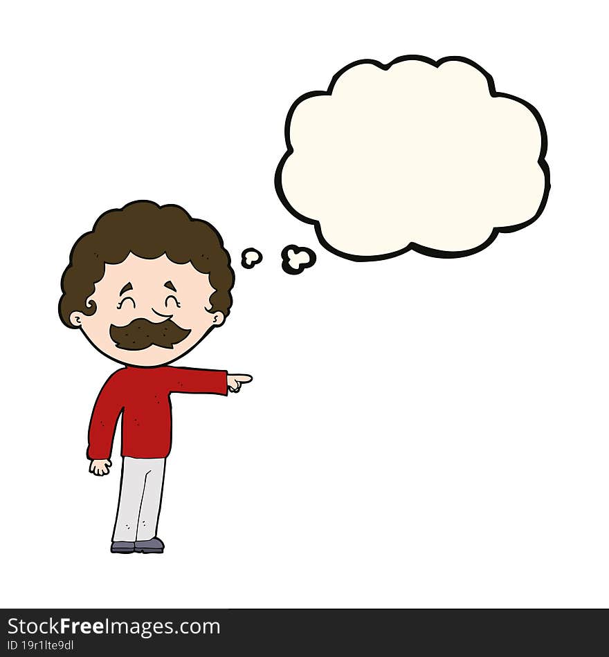 Cartoon Man With Mustache Pointing With Thought Bubble