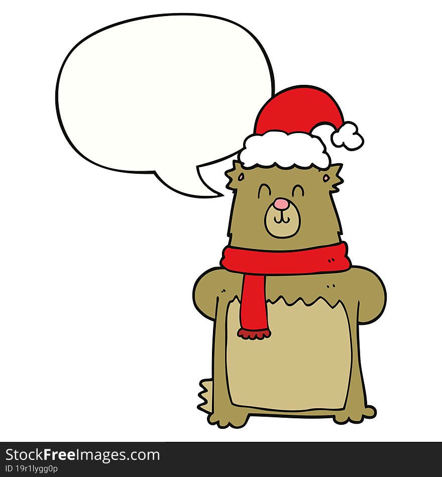 cartoon bear wearing christmas hat and speech bubble