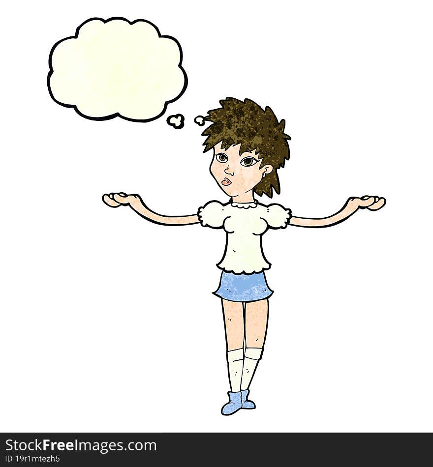 cartoon woman shrugging shoulders with thought bubble