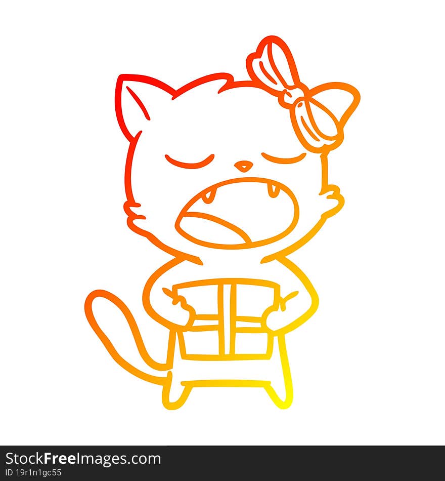 warm gradient line drawing cartoon cat with christmas present