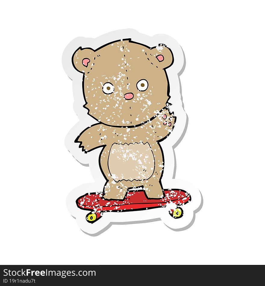 Retro Distressed Sticker Of A Cartoon Teddy Bear On Skateboard