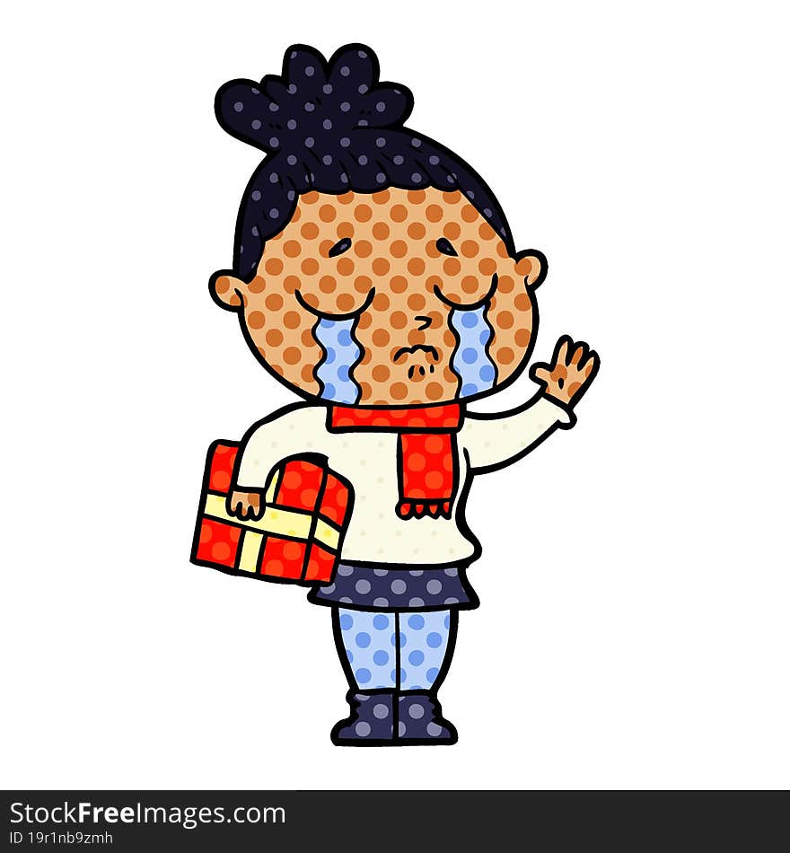 cartoon crying woman with christmas gift. cartoon crying woman with christmas gift