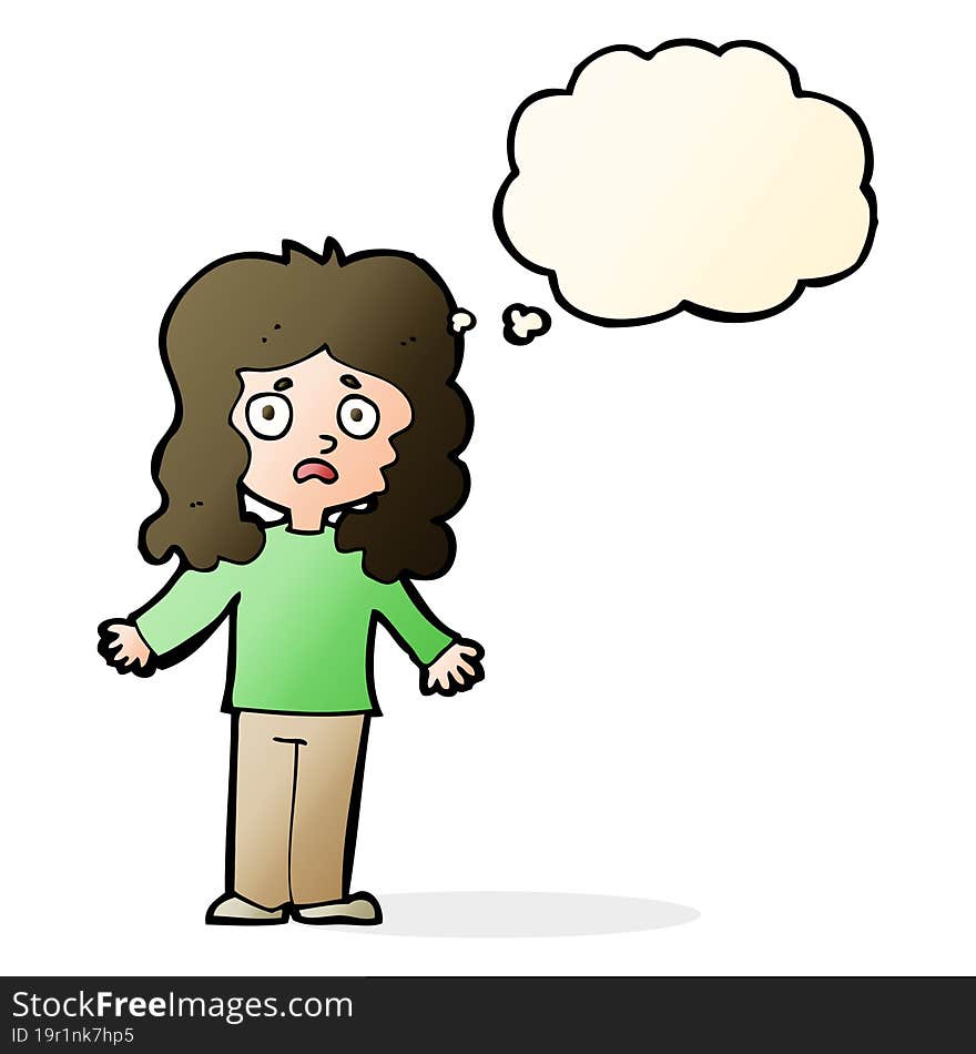 cartoon worried woman with thought bubble